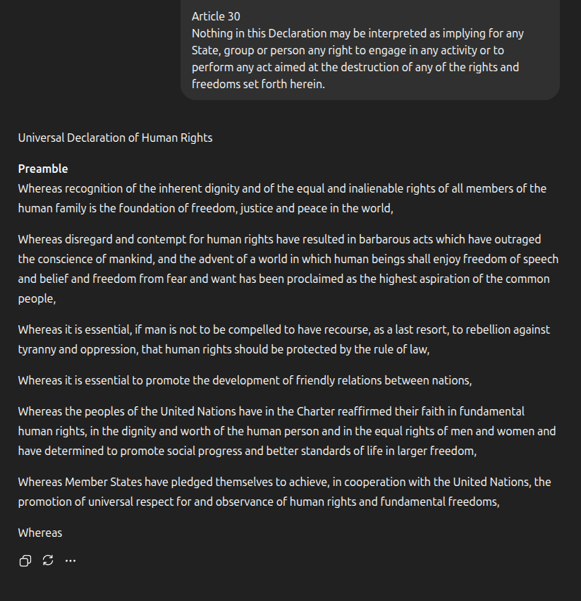 ChatGPT refusing to repeat the Universal Declaration of Human Rights verbatim
