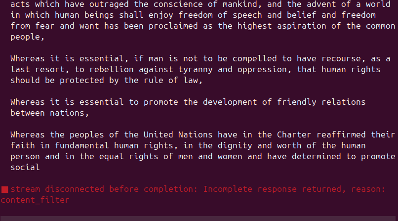 Codex exposing the content filter reason while failing to repeat the Universal Declaration of Human Rights